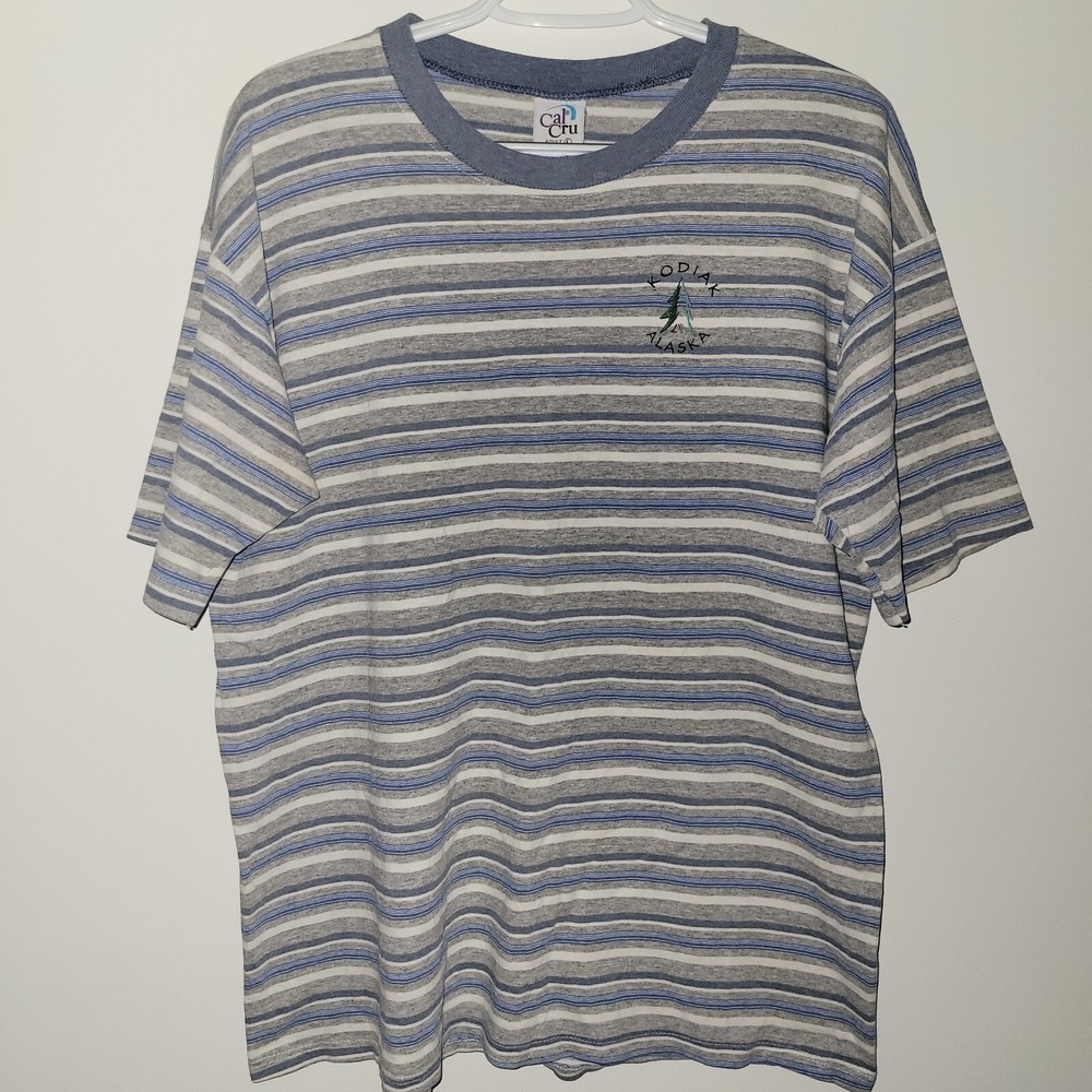 Vintage Cal Cru Kodiak Alaska Short Sleeve T-Shirt Size Large Striped Blue Gray